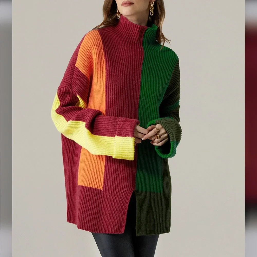 Color Block Turtleneck Urban Long Sleeve Sweater - Picture 4 of 13